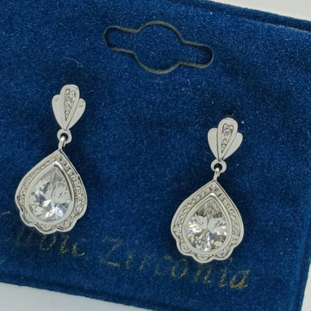 Vintage 1990s Pear Cut Cubic Zirconia Silver Tone Drop Earrings Rare New on Card